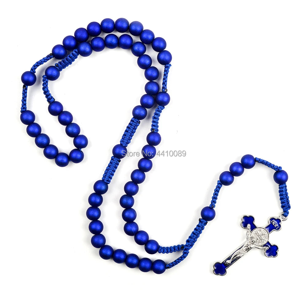 Dark Blue Acrylic Rosary | Handmade Woven Rope Necklace with St. Benedict Crucifix