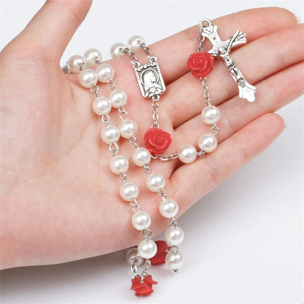 Rosary Necklace with Rose Glass Beads and Crucifix