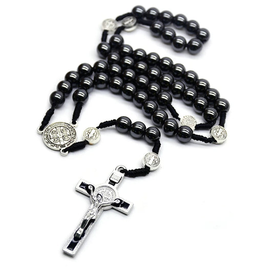 Saint Benedict Hematite Rosary | Vintage Crucifix Necklace for Men & Women
