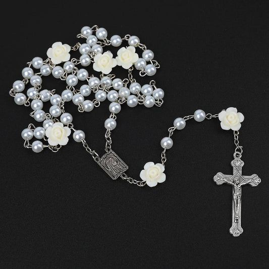 Pearl Rosary Necklace with Rose Beads and Cross Pendant