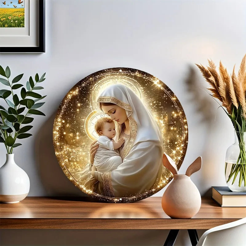 Round Aluminum Sign: Virgin Mary and Child Glowing Art