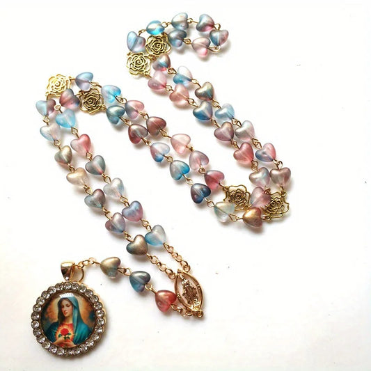 Crystal Heart-Shaped Rosary with Virgin Mary Pendant