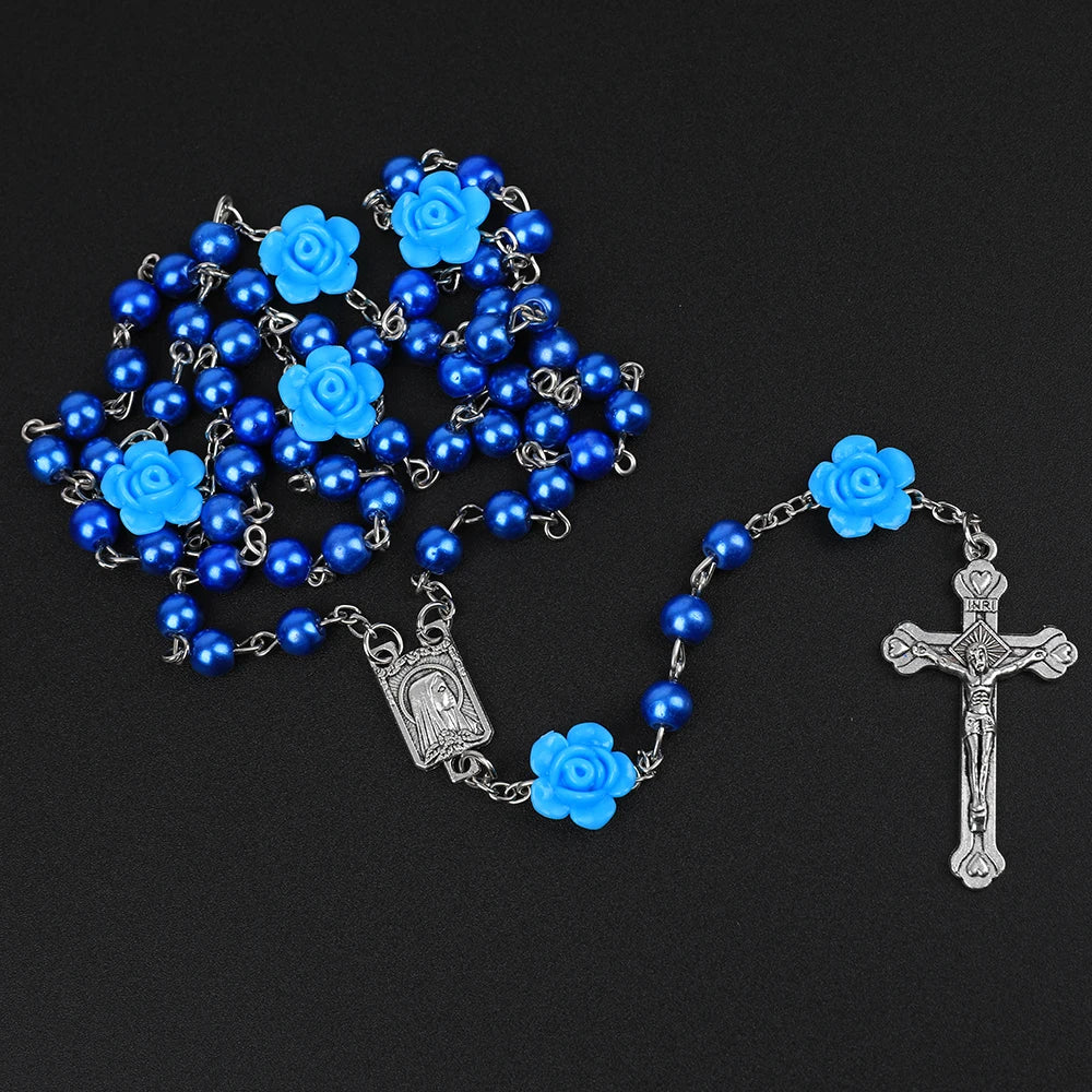 Pearl Rosary Necklace with Rose Beads and Cross Pendant