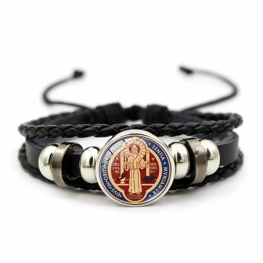 Saint Benedict Medal Leather Bracelet | Unisex Catholic Protection Jewelry