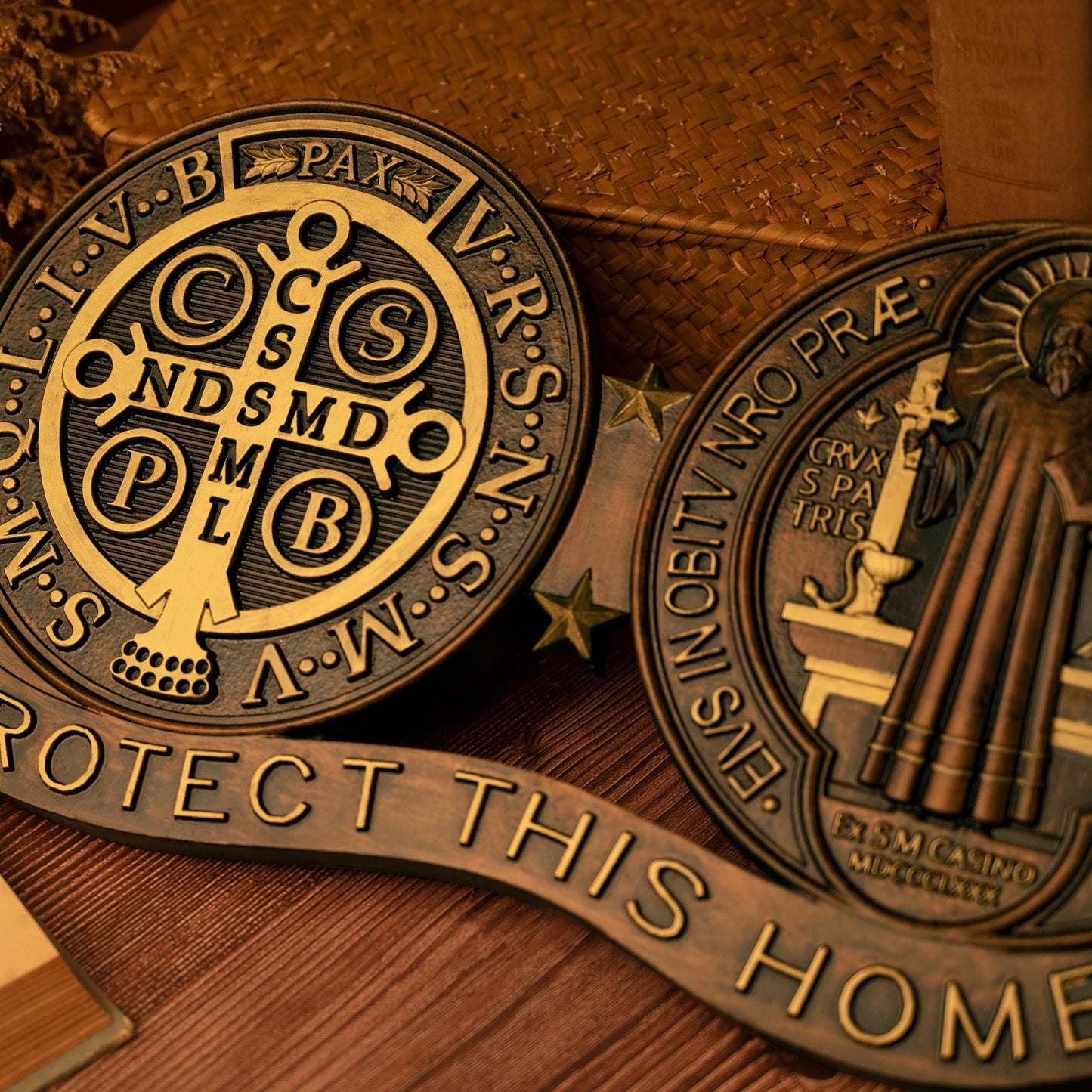 St. Benedict Medal Home Protection Plaque | Wooden Catholic Religious Decoration