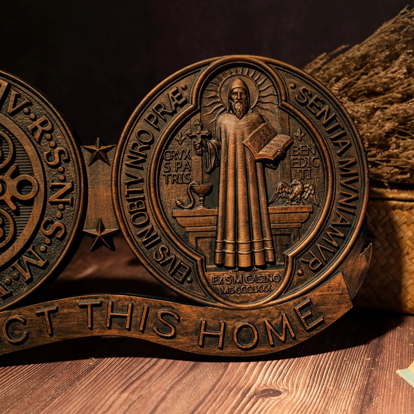 St. Benedict Medal Home Protection Plaque | Wooden Catholic Religious Decoration