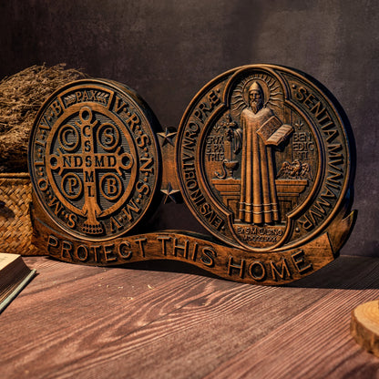 St. Benedict Medal Home Protection Plaque | Wooden Catholic Religious Decoration