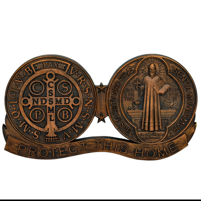 St. Benedict Medal Home Protection Plaque | Wooden Catholic Religious Decoration