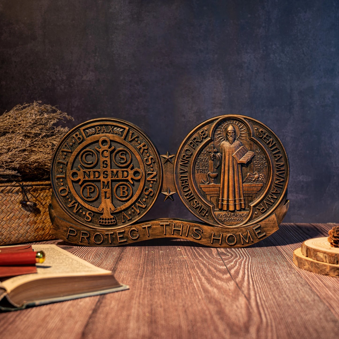 St. Benedict Medal Home Protection Plaque | Wooden Catholic Religious Decoration