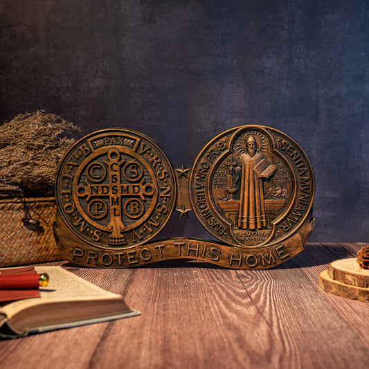 St. Benedict Medal Home Protection Plaque | Wooden Catholic Religious Decoration