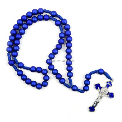 Dark Blue Acrylic Rosary | Handmade Woven Rope Necklace with St. Benedict Crucifix