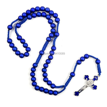 Dark Blue Acrylic Rosary | Handmade Woven Rope Necklace with St. Benedict Crucifix