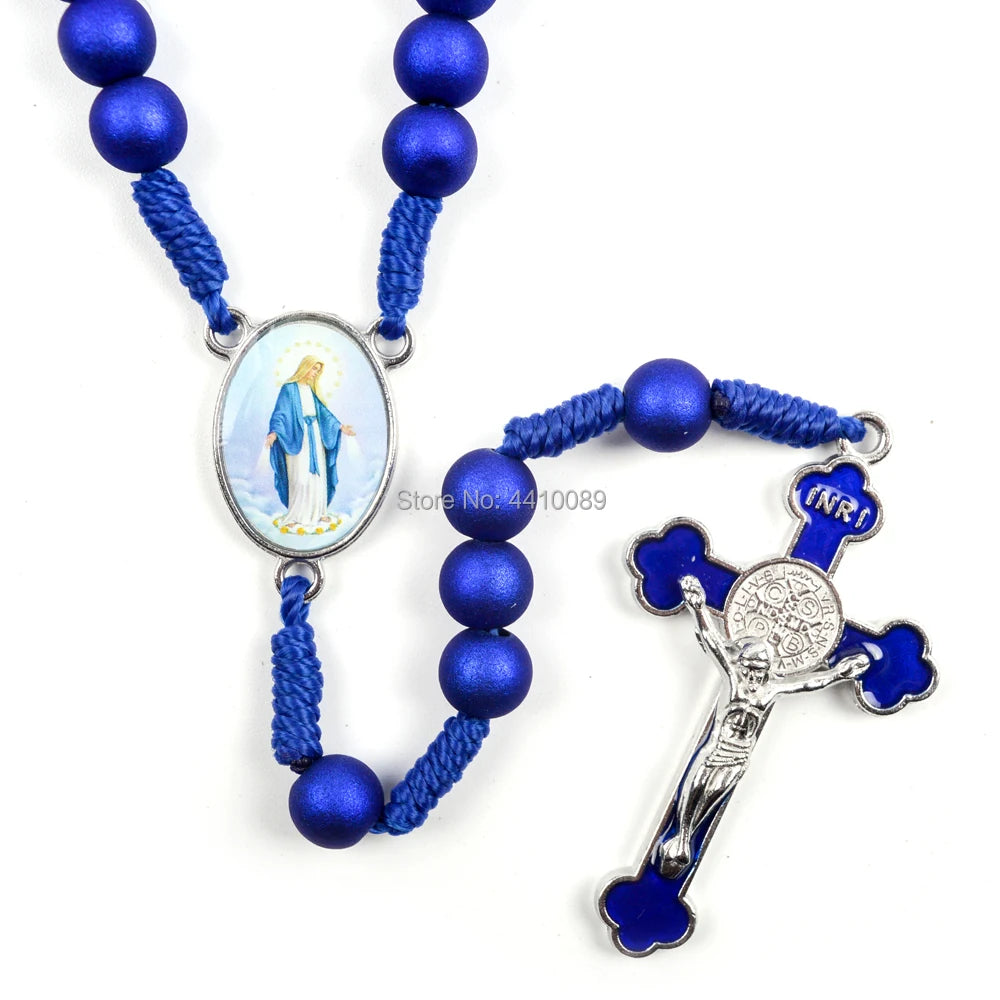Dark Blue Acrylic Rosary | Handmade Woven Rope Necklace with St. Benedict Crucifix