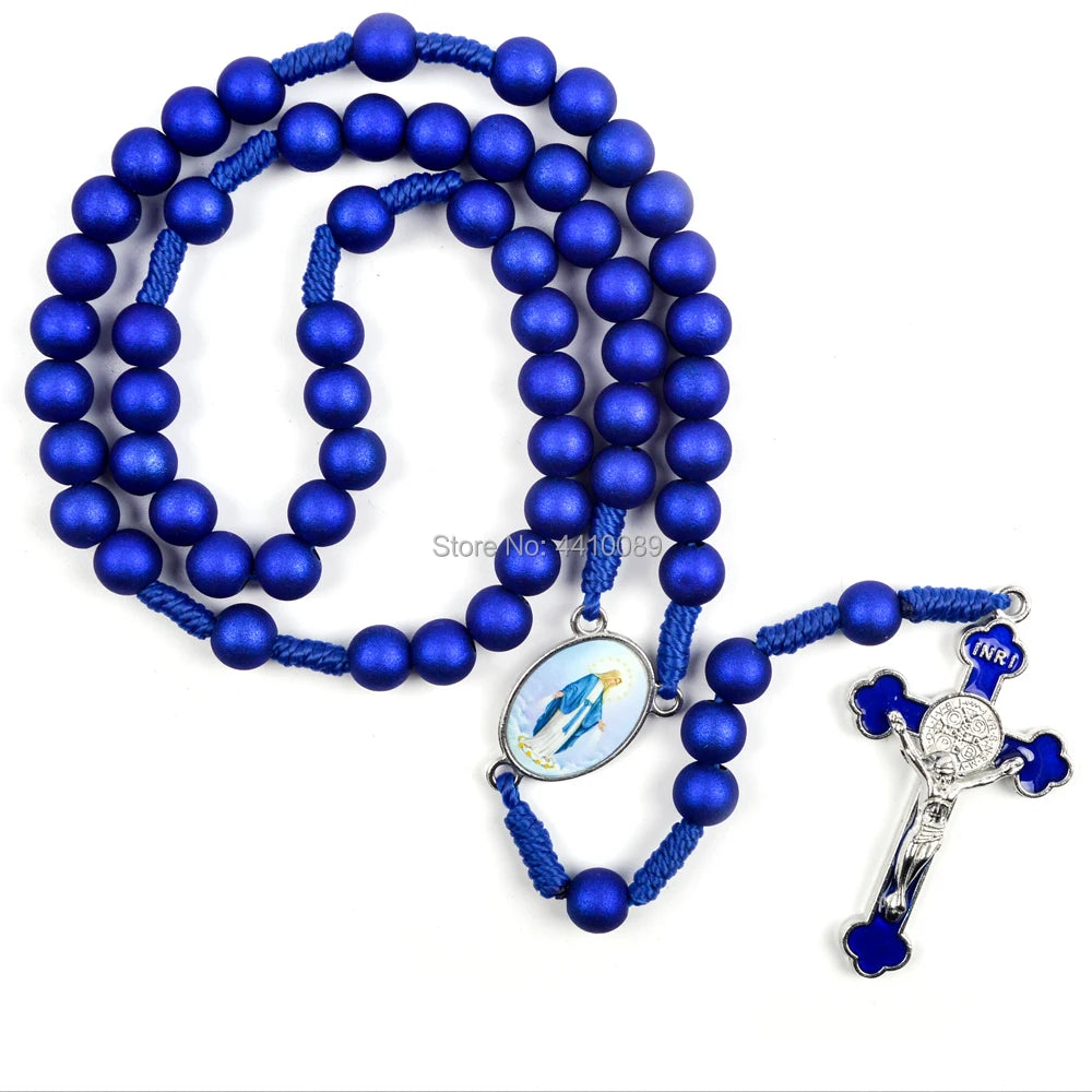 Dark Blue Acrylic Rosary | Handmade Woven Rope Necklace with St. Benedict Crucifix