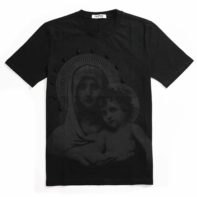 Men's Cotton T-shirt with Virgin Mary & Child Graphic