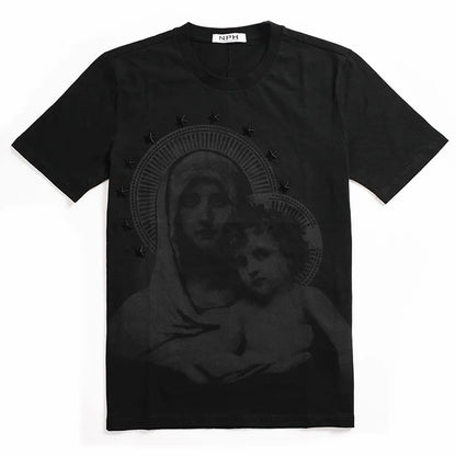 Men's Cotton T-shirt with Virgin Mary & Child Graphic