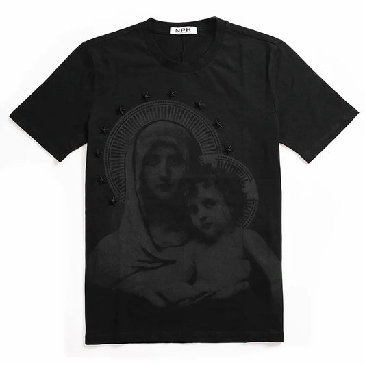 Men's Cotton T-shirt with Virgin Mary & Child Graphic