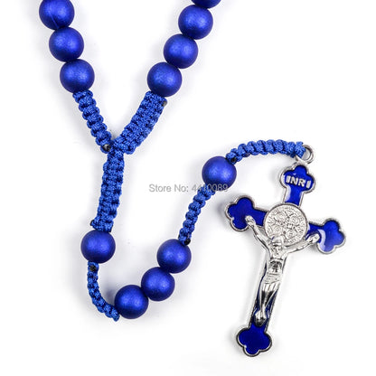 Dark Blue Acrylic Rosary | Handmade Woven Rope Necklace with St. Benedict Crucifix