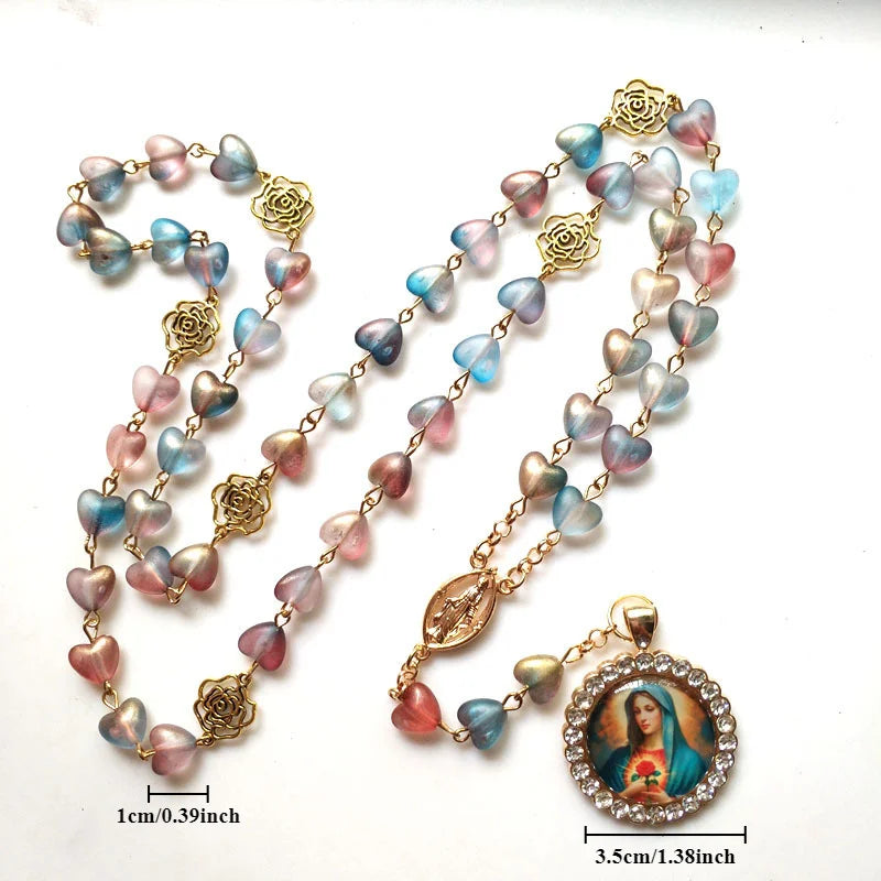 Crystal Heart-Shaped Rosary with Virgin Mary Pendant
