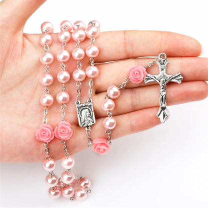 Rosary Necklace with Rose Glass Beads and Crucifix