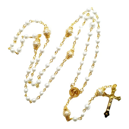 Elegant Faux Pearl Rosary Necklace