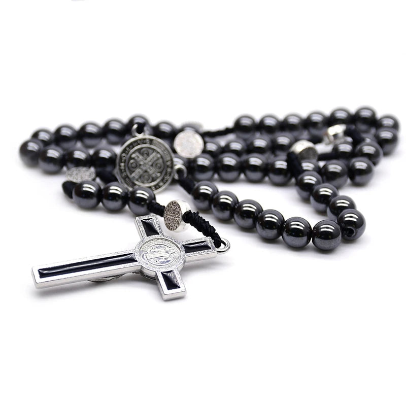 Saint Benedict Hematite Rosary | Vintage Crucifix Necklace for Men & Women