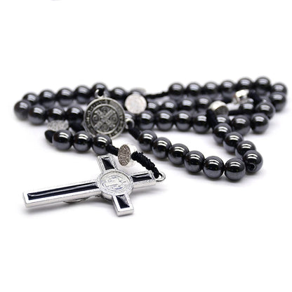 Saint Benedict Hematite Rosary | Vintage Crucifix Necklace for Men & Women