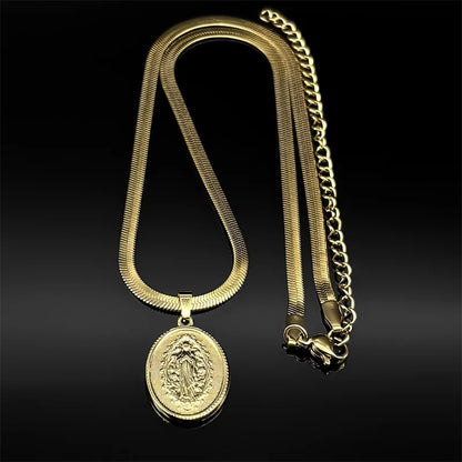 Gold Our Lady of Grace Necklace | Flat Snake Chain in Hypoallergenic Stainless Steel