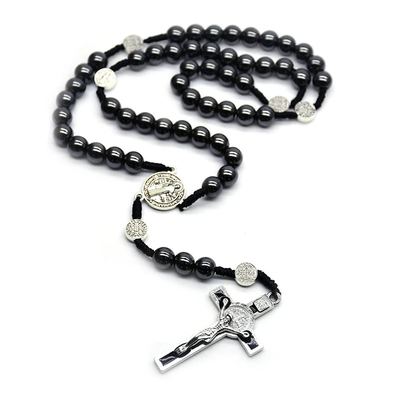 Saint Benedict Hematite Rosary | Vintage Crucifix Necklace for Men & Women