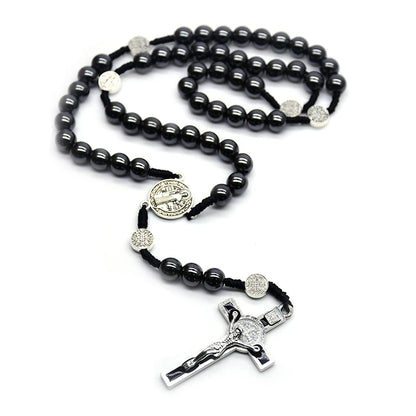 Saint Benedict Hematite Rosary | Vintage Crucifix Necklace for Men & Women