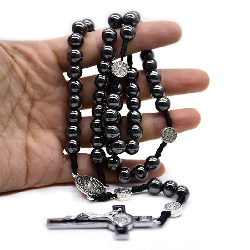 Saint Benedict Hematite Rosary | Vintage Crucifix Necklace for Men & Women