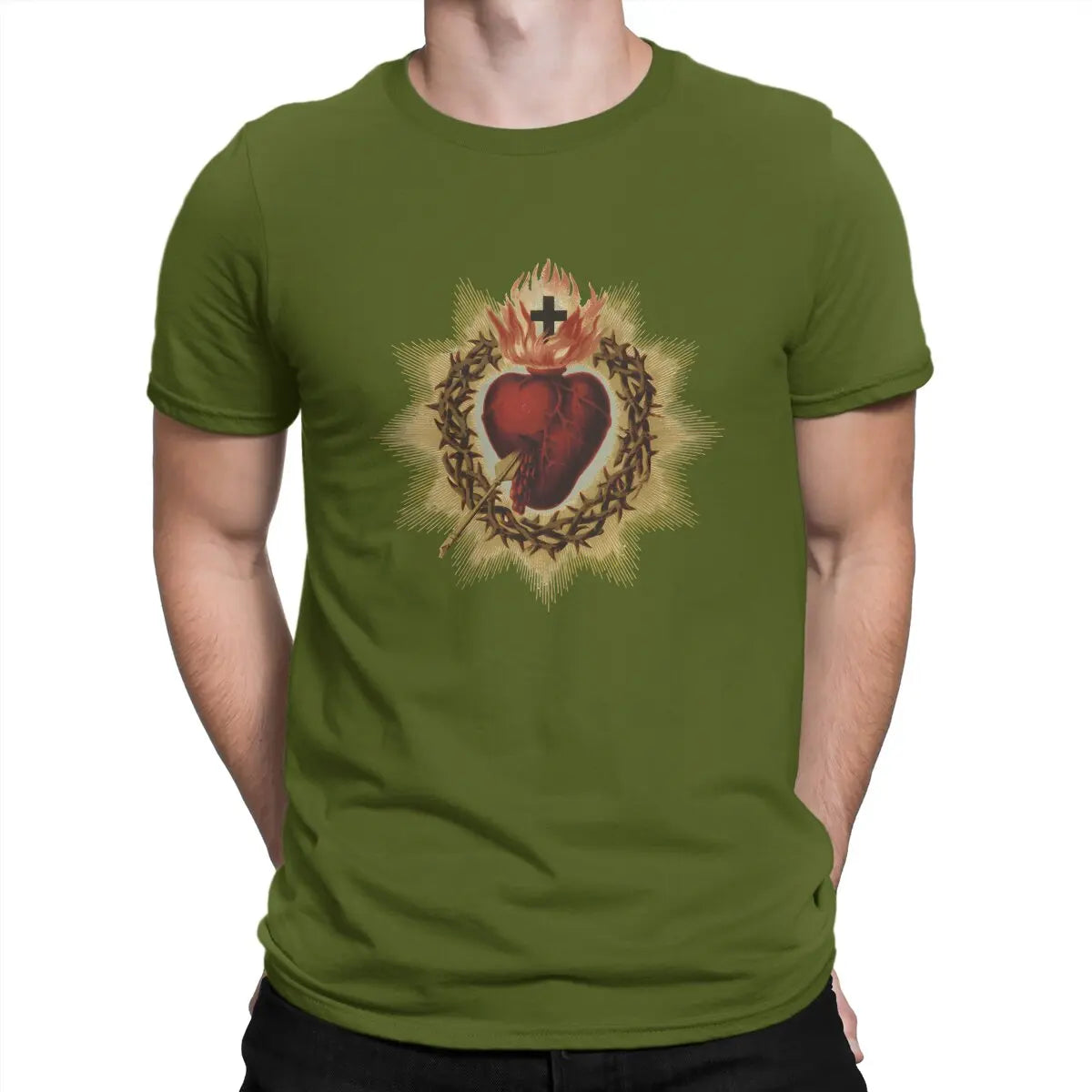 Men's Vintage Sacred Heart of Jesus Cotton T-shirt