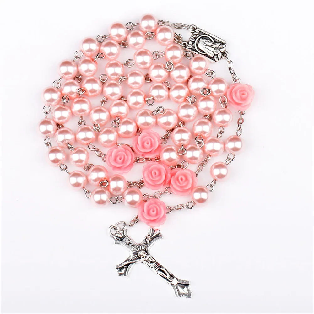 Rosary Necklace with Rose Glass Beads and Crucifix