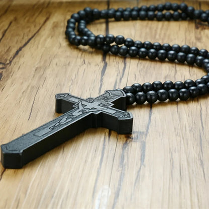 Large Wooden Rosary Necklace with Jesus Christ Cross Pendant
