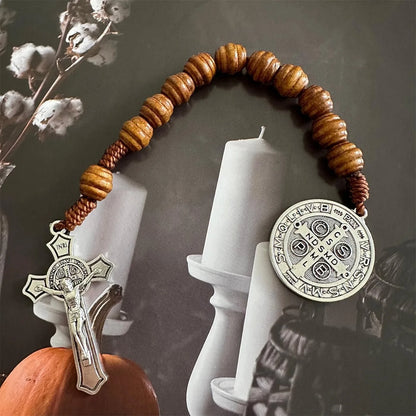 Saint Benedict Pocket Rosary with Brown Wooden Beads