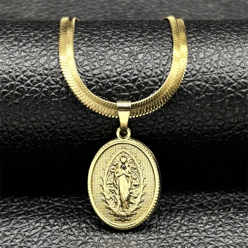 Gold Our Lady of Grace Necklace | Flat Snake Chain in Hypoallergenic Stainless Steel