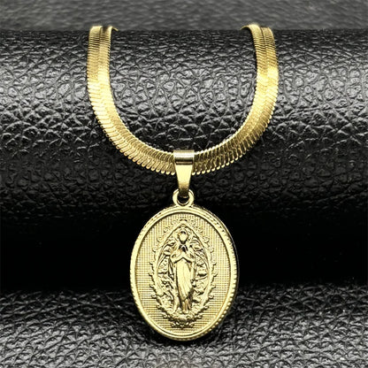 Gold Our Lady of Grace Necklace | Flat Snake Chain in Hypoallergenic Stainless Steel