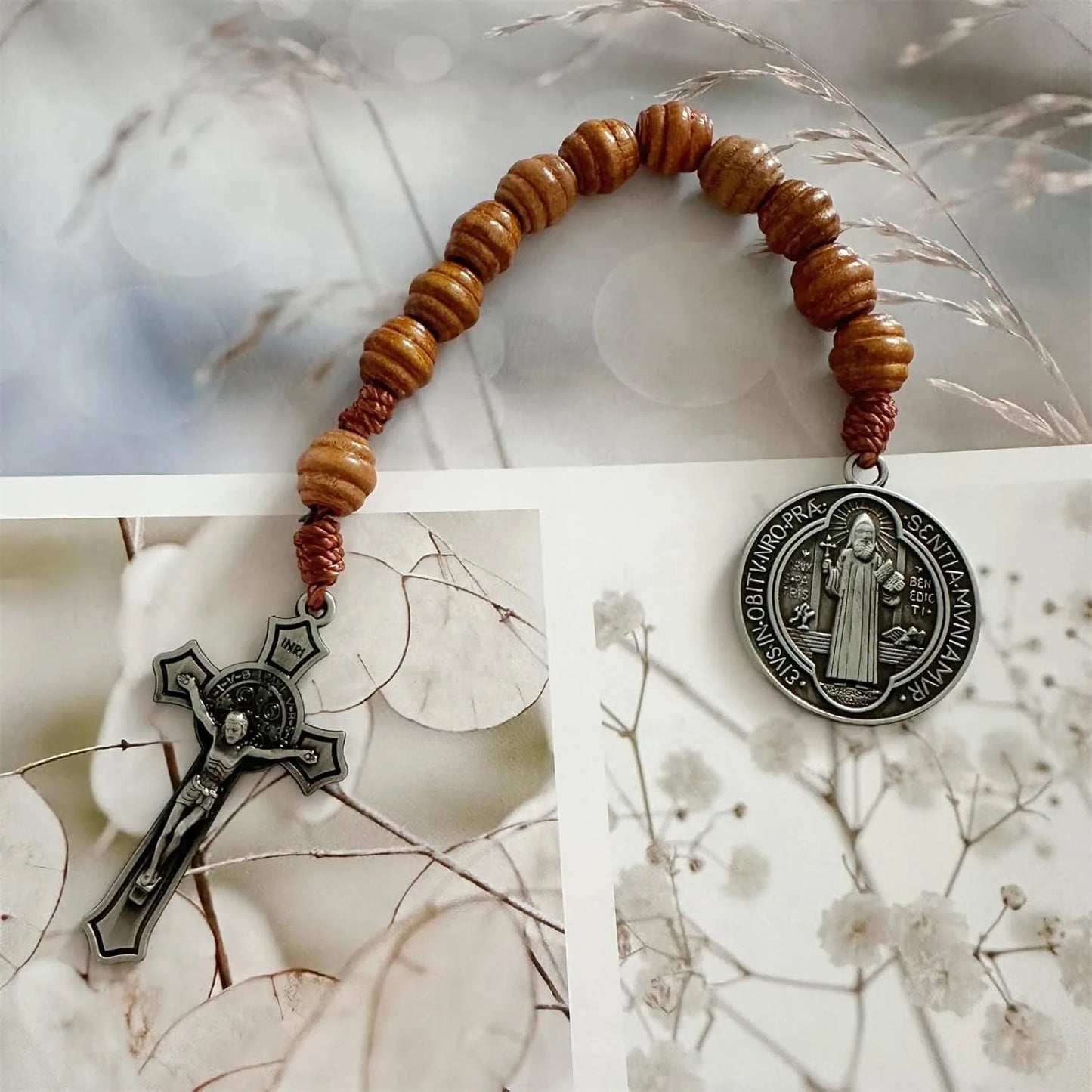 Saint Benedict Pocket Rosary with Brown Wooden Beads