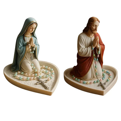 Catholic Rosary Holder & Jewelry Dish with Praying Mary or Jesus Statue