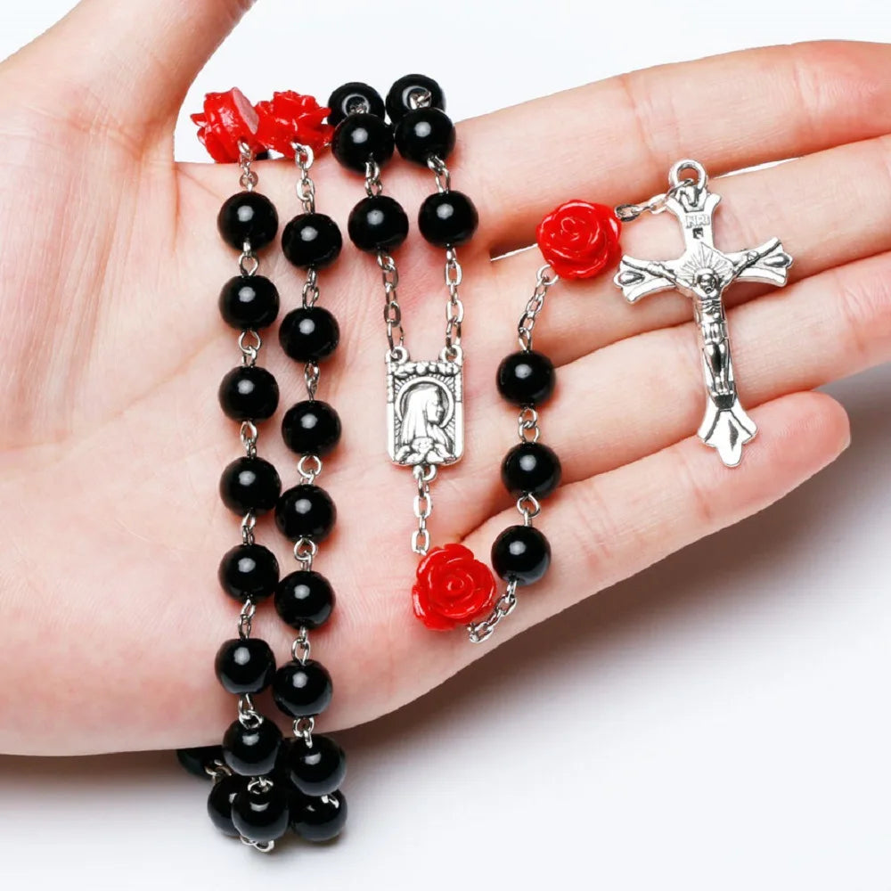 Rosary Necklace with Rose Glass Beads and Crucifix