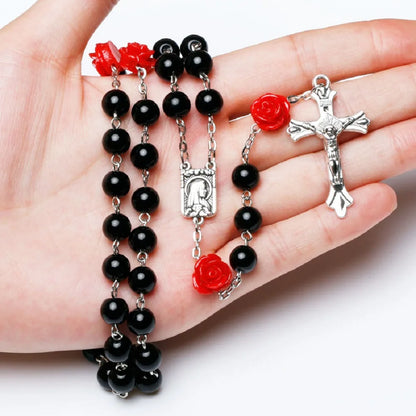 Rosary Necklace with Rose Glass Beads and Crucifix
