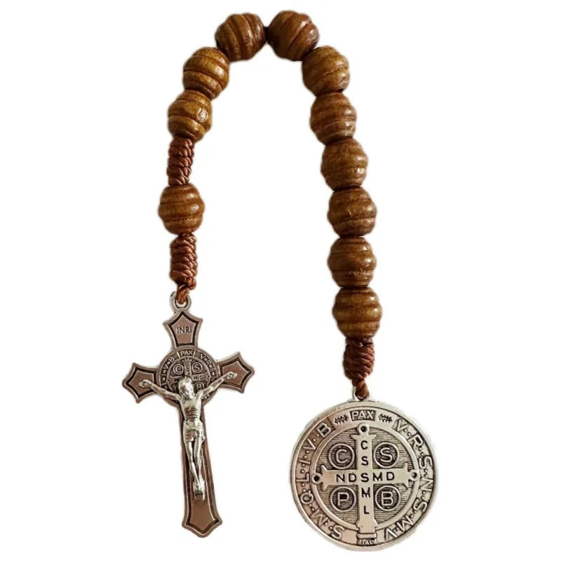 Saint Benedict Pocket Rosary with Brown Wooden Beads