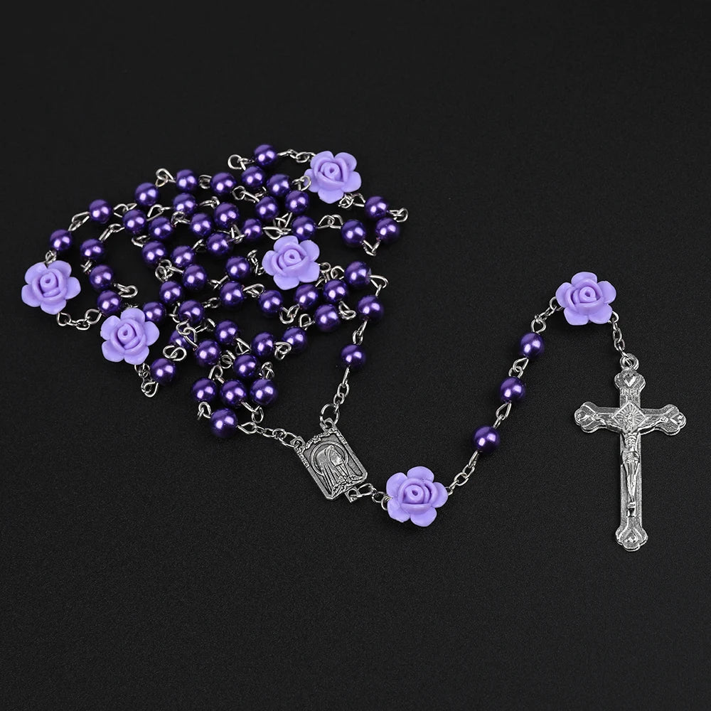 Pearl Rosary Necklace with Rose Beads and Cross Pendant
