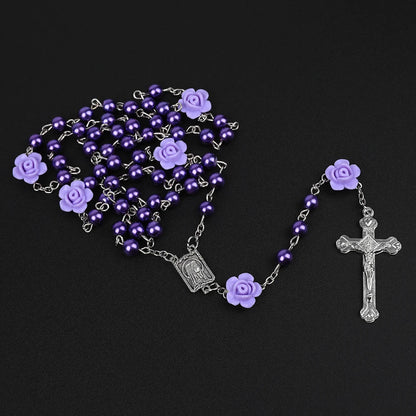 Pearl Rosary Necklace with Rose Beads and Cross Pendant