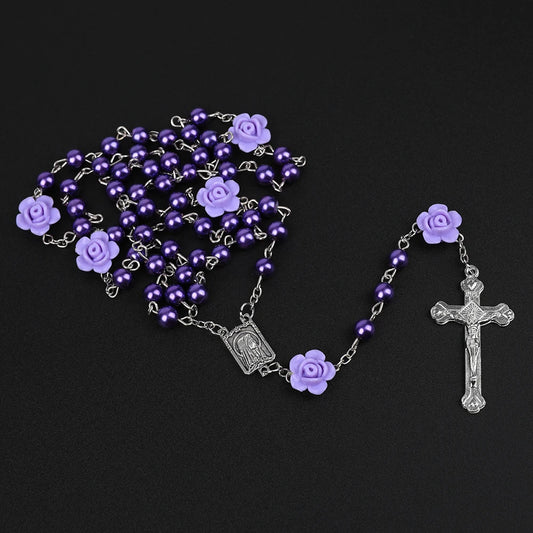 Pearl Rosary Necklace with Rose Beads and Cross Pendant