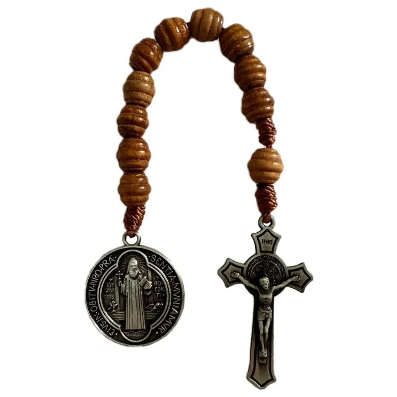 Saint Benedict Pocket Rosary with Brown Wooden Beads