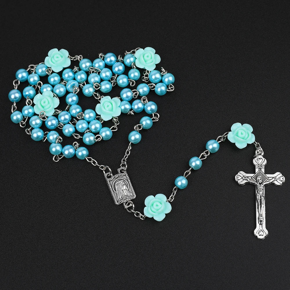 Pearl Rosary Necklace with Rose Beads and Cross Pendant