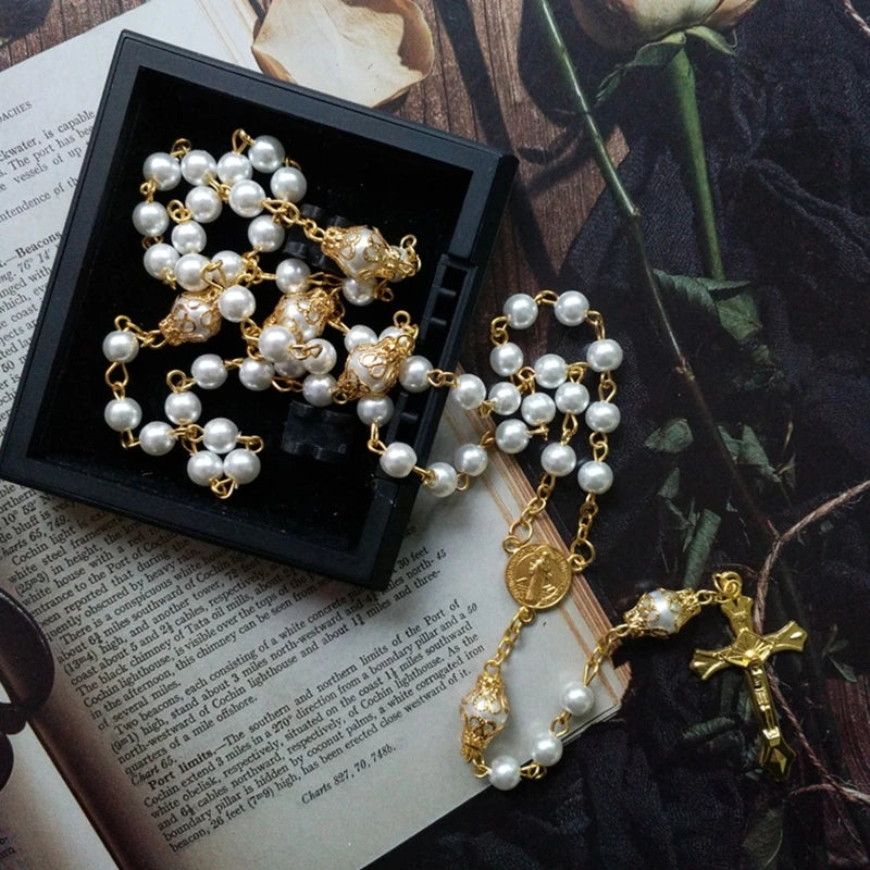 Elegant Faux Pearl Rosary Necklace