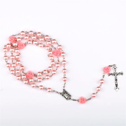 Rosary Necklace with Rose Glass Beads and Crucifix