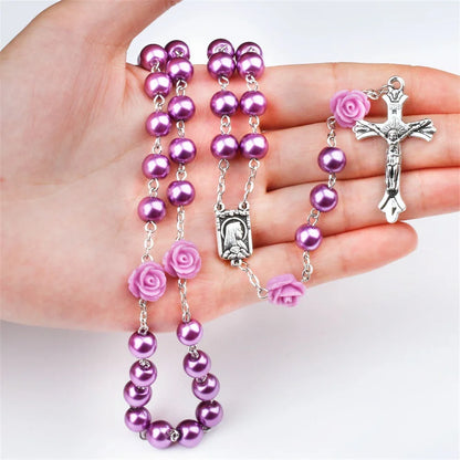 Rosary Necklace with Rose Glass Beads and Crucifix